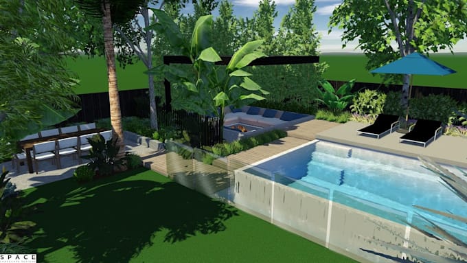 Gig Preview - Design garden, pool, patio, yard, terrace, and landscape 3d model and render