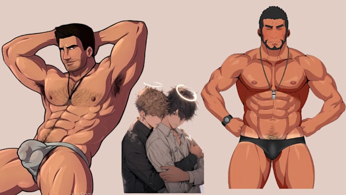 Gig Preview - Draw bara yaoi muscled man anime couple character design nsfw illustration