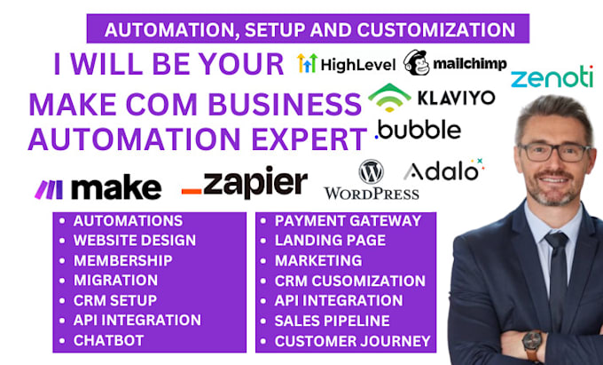 Gig Preview - Make com zapier wordpress gohighlevel adalo bubble io mailchimp zenoti klaviyo