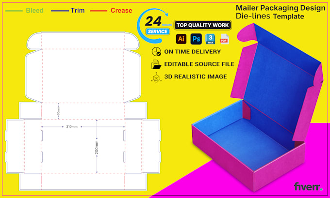 Gig Preview - Packaging design dieline 3d mockups for all box types