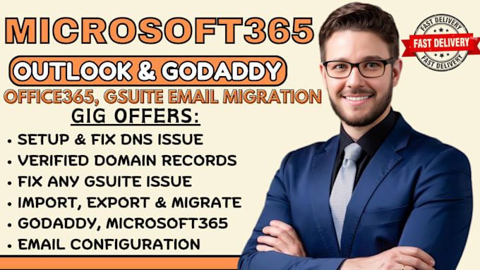 Gig Preview - Fix, setup microsoft 365, outlook, godaddy, outlook business emails, nameserver