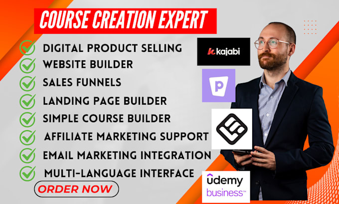 Gig Preview - Do kajabi podia learnworld udemyfor business rusuku course creation landing page