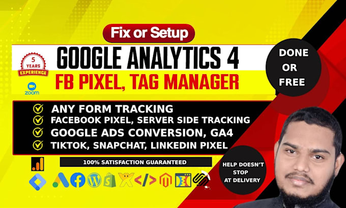 Gig Preview - Fix, setup google analytics 4, facebook conversion API, tiktok pixel, GTM issues