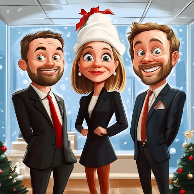 Gig Preview - Draw your office christmas card, holiday funny cartoon cari