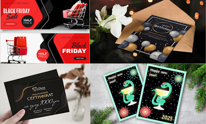 Gig Preview - Do black friday christmas new year birthday party banner card design sales flyer