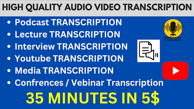 Gig Preview - Transcribe audio and do podcast interview youtube transcription