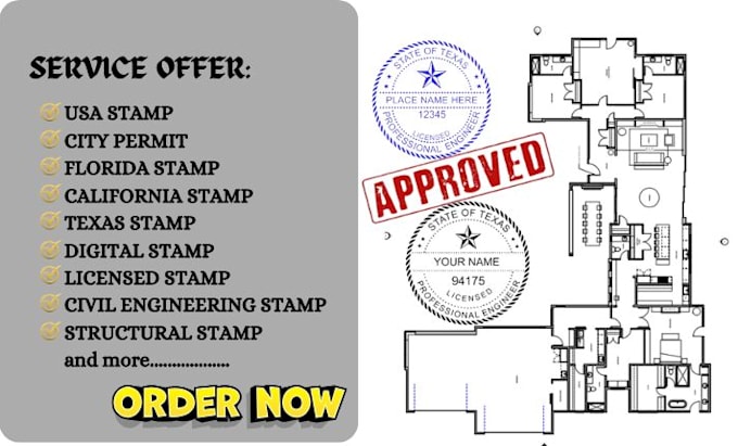 Gig Preview - Do civil engineering pe stamp, california, texas, florida stamp for city permit