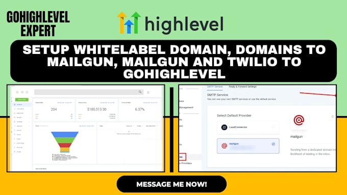 Gig Preview - Setup whitelabel domain, domains to mailgun, mailgun, twilio to gohighlevel