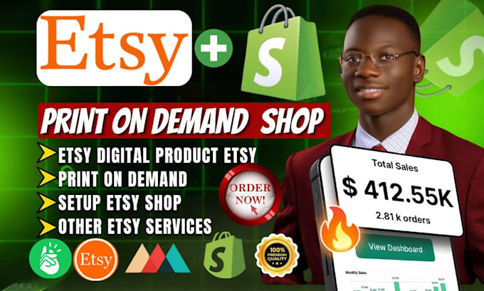 Gig Preview - Create etsy print on demand dropshipping stores etsy shop digital product setup