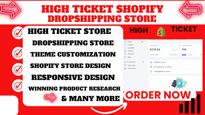 Gig Preview - Design high ticket shopify dropshipping website ecommerce store