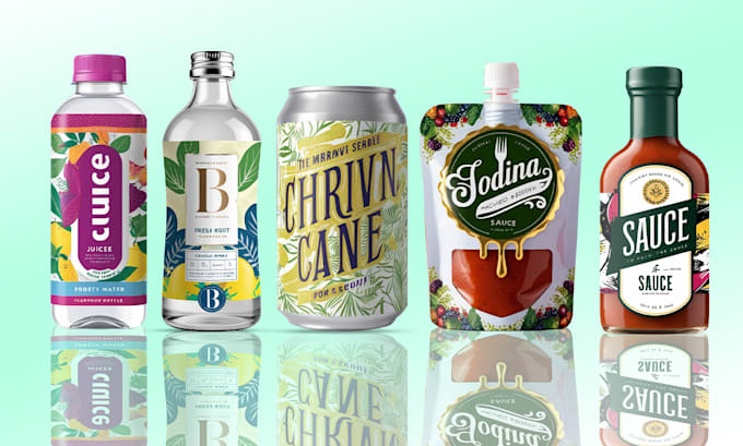 Gig Preview - Design sauce pouch label, can beverages water jar, and juice bottle label