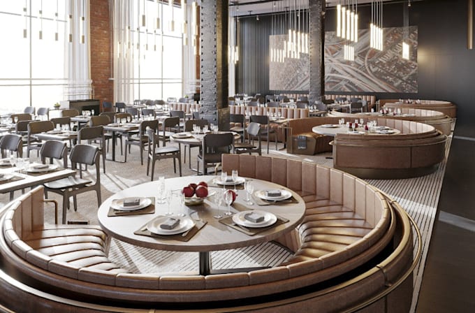 Gig Preview - Large space modern western restaurant design, 3d rendering,stylize furniture