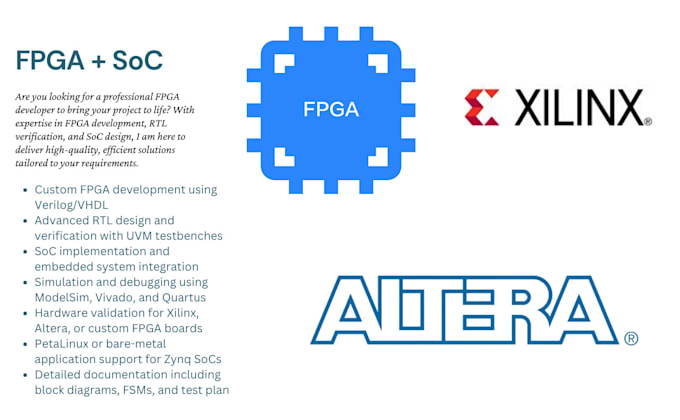 Gig Preview - Fpga development, rtl verification, verilog vhdl coding, soc design, vivado