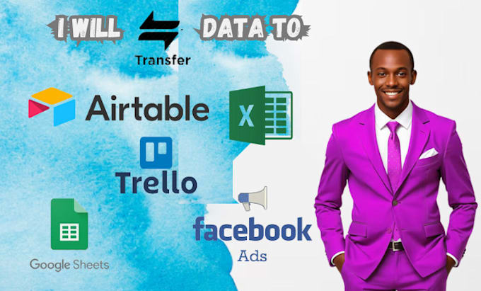 Gig Preview - Transfer data to airtabale, google sheet, microsoft excel, trello, facebook ads