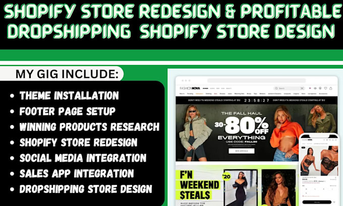 Gig Preview - Redesign shopify store theme dropshipping products winning social media design