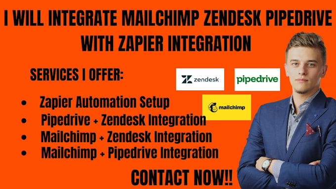 Gig Preview - Integrate mailchimp zendesk pipedrive with zapier integration