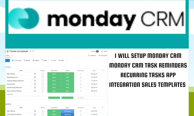 Gig Preview - Setup monday CRM task reminders recurring tasks app integration sales templates