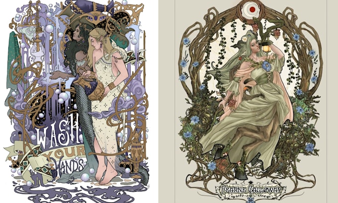 Gig Preview - Do art nouveau retro vintage poster illustration portrait character tarot card