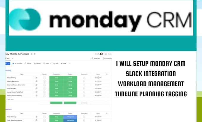 Gig Preview - Setup monday CRM slack integration workload management timeline planning tagging