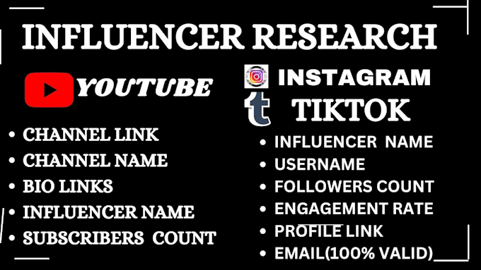 Gig Preview - Find best instagram, tiktok, youtube influencer list