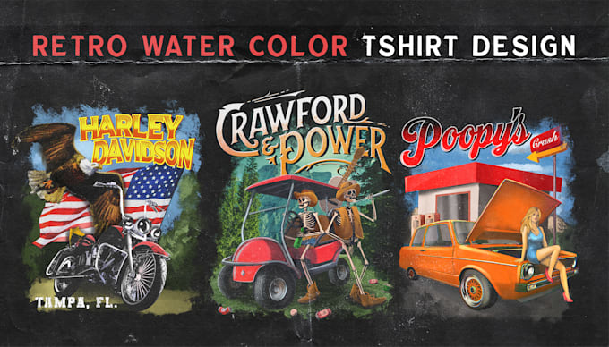 Gig Preview - Create retro water color design and illustration for tshirt merch