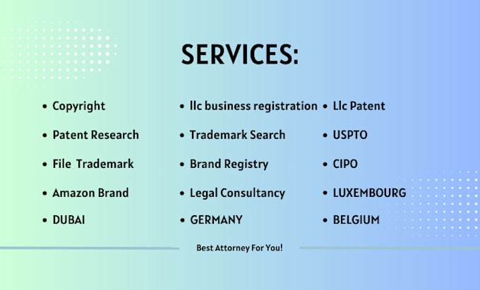 Gig Preview - Be your trademark attorney, patent research and llc registration