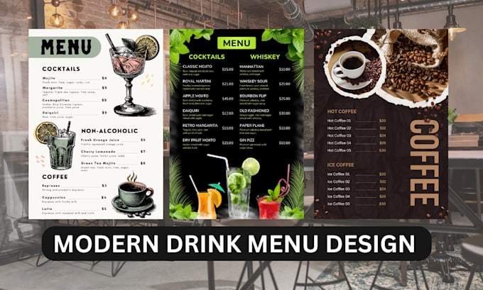 Gig Preview - Modern drink menu design bar menu coffee menu cocktail menu design digital menu