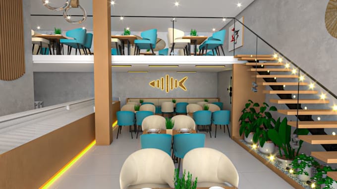 Bestseller - design stunning realistic modern restaurant interior, cafe, bar, gym, landscape