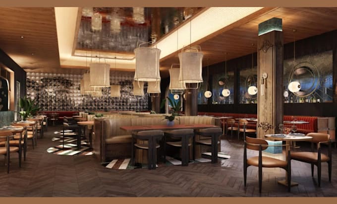 Gig Preview - Do 3d cgi bar design, café, restaurant interior, food hall with 3d render