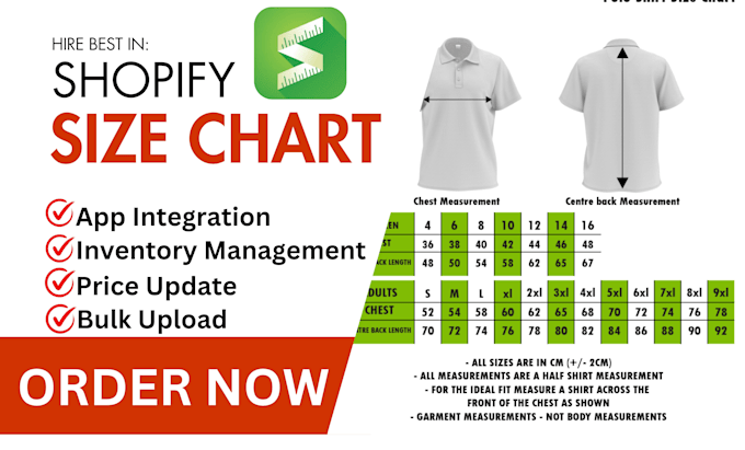 Gig Preview - Setup shopify size chart zify size swatch sizefox kiwi esc avada bf smart clean