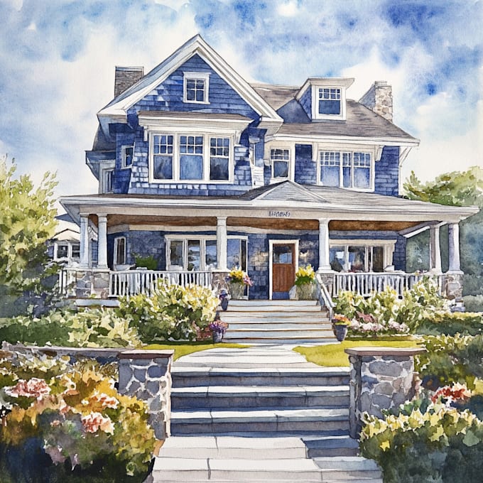 Bestseller - digital watercolor house portrait and building illustration