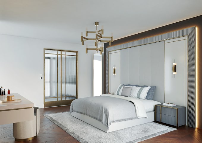 Gig Preview - Design 3d modern bedroom, visualize classic room shelves, bed eye render,tikchen