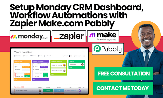 Gig Preview - Setup monday crm dashboard, workflow automations with zapier make pabbly