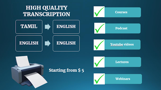 Gig Preview - Do excellent transcription in english and tamil with accuracy