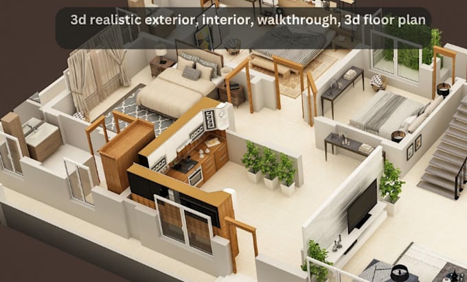 Gig Preview - Design and render 3d realistic exterior, interior, walkthrough, 3d floor plan