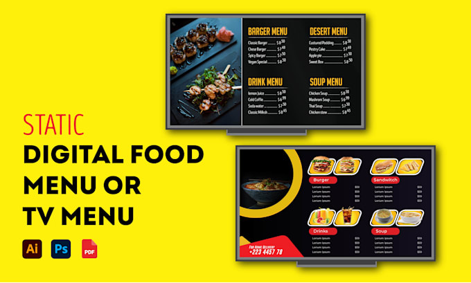 Gig Preview - Design static digital  menu board screen menu tv menu for restaurant business