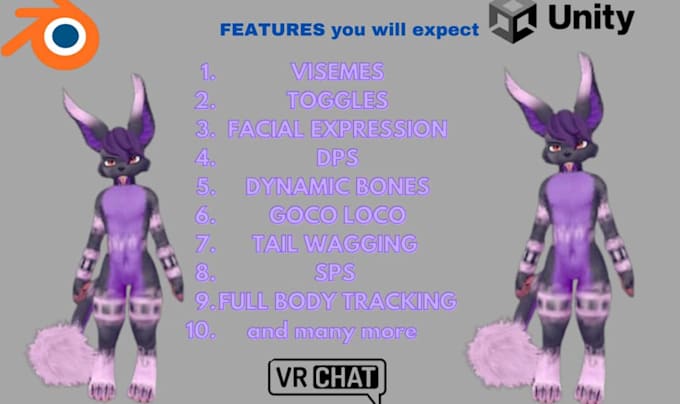 Gig Preview - Custom vrchat avatar, vr character, furry avatar, vrc avatar, 3d model in unity