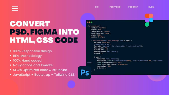 Gig Preview - Convert PSD, figma into HTML CSS code