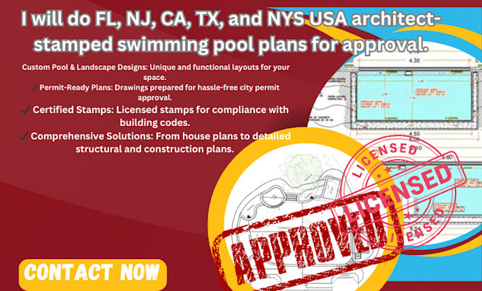 Gig Preview - Fl, nj, ca, tx, and nys USA architect stamped swimming pool plan for approval