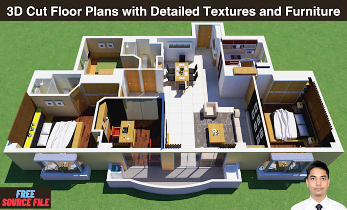 Gig Preview - Create realistic 3d cut floor plans with detailed textures and furniture