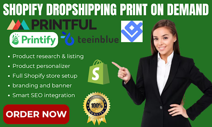 Gig Preview - Build shopify dropshipping print on demand store via teeinblue printify gelato