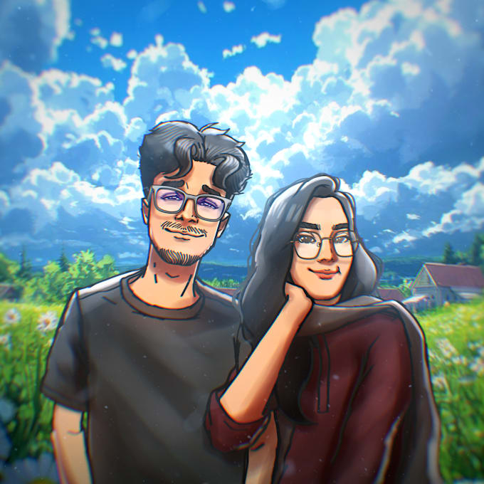 Gig Preview - Custom couple art flat style and premium portraits