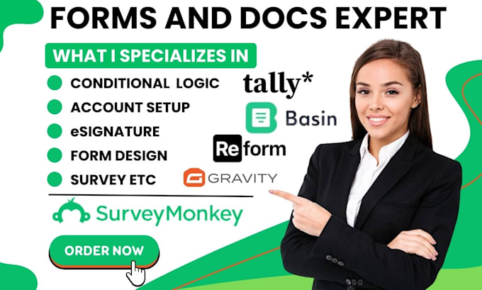 Gig Preview - Create growform reform conversational tally usebasin gravity form surveymonkey