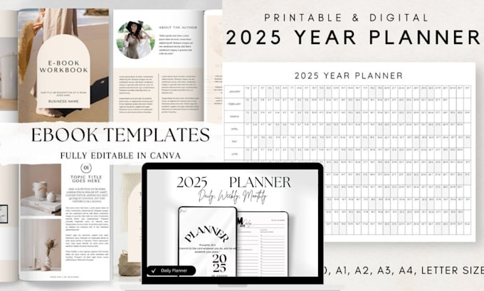 Gig Preview - Design a 2025 printable calendar canva ebook design 2025 yearly digital planner