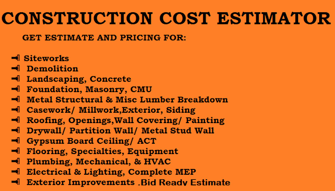 Gig Preview - Do construction cost estimate, material takeoff for USA and canada project