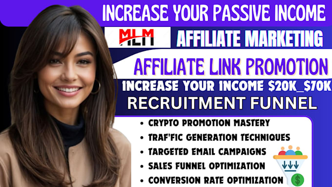 Gig Preview - Mlm promotion affiliate marketing crypto promotion recruitment funnel mlm trafic