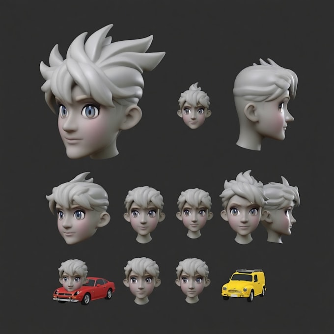 Gig Preview - Design character reference sheet, 3d model for printing, faces, toys, cars,