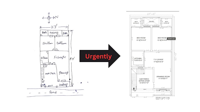 Gig Preview - Urgently draw redraw 2d architectural floor plans blueprints in autocad