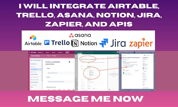 Gig Preview - Integrate airtable, trello, asana, notion, jira, zapier, and apis