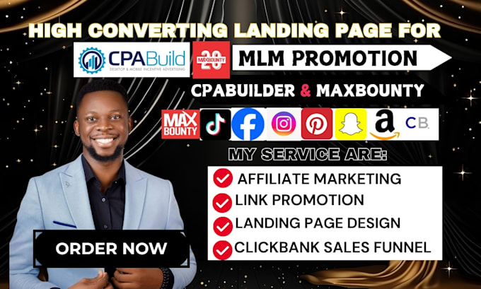 Gig Preview - Do maxbounty clickbank cpabuild affiliate marketing landing page link promotion